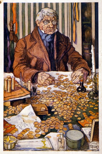 Il padre Grandet che conta i suoi soldi - Illustrazione in "Eugenie Grandet" di Honore de Balzac, coll. Biblioteca Ideale da Georges Dupuis