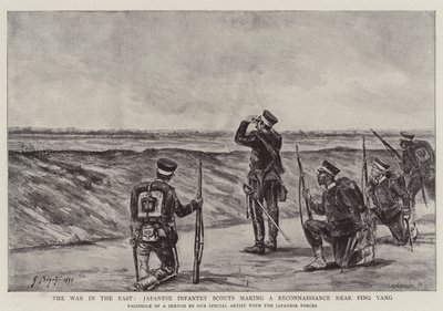 La guerra in Oriente, esploratori di fanteria giapponese che fanno una ricognizione vicino a Ping Yang da Georges Ferdinand Bigot