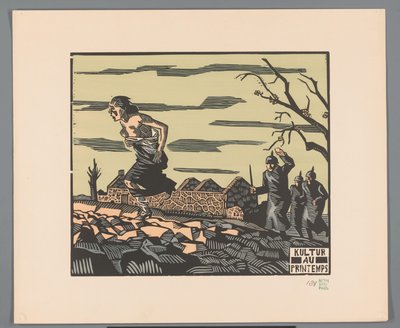 Donna mezza svestita fugge da tre soldati attraverso un campo da Georges Hermann Rene Paul