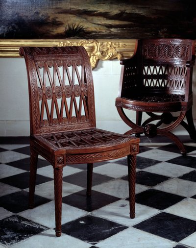 Sedia commissionata per la latteria di Maria Antonietta. Mobilio in mogano scolpito di Georges Jacob (1739-1814) da Georges Jacob