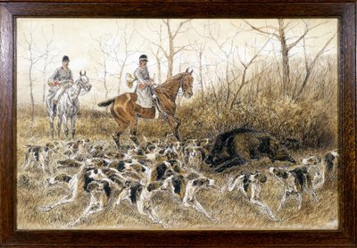 Branco di cani intorno a un cinghiale in una caccia - disegno di Georges La Roque, circa 1900 da Georges La Roque