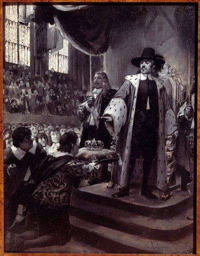 Oliver Cromwell (1599-1658) rifiuta la corona Il Lord Protettore della Repubblica di Gran Bretagna fu proposto la corona dalla Petizione Umile e Avis (Nuovo Parlamento) nel 1658. Grisaille su legno di Georges Antoine Rochegrosse (1859-1938) 19° secolo. da Georges Marie Rochegrosse