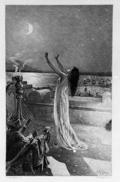 Salammbo, figlia di Amilcare Barca, prega Tanit, dea della luna. Illustrazione di Georges Antoine Rochegrosse per il romanzo 