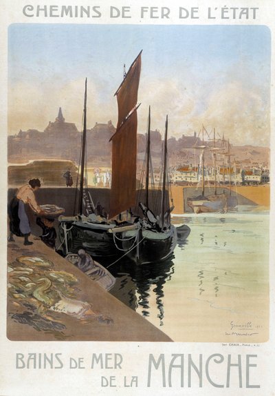 I bagni di mare della Manica (Vista del porto di Granville) - Poster delle Ferrovie dello Stato, di Meunier da Georges Meunier