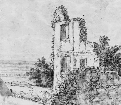 Un viale di alberi in un parco (recto), Le rovine di un edificio su una collina (verso), n.d. da Georges Michel