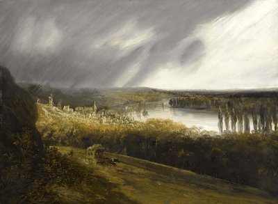 Francese: Vista della Senna con una diligenza da Georges Michel