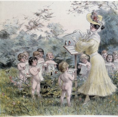 Amours: giovane donna che canta cherubini da Georges Redon