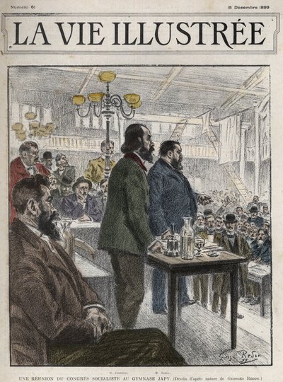 Congresso Generale delle Organizzazioni Socialiste, tenuto a Parigi nel dicembre 1899, al Gymnasium Japy - Jean Jaures (1859-1914) ed Eugene Fournier (1857-1914) disegno di Georges Redon - la vie illustree del 1899 da Georges Redon