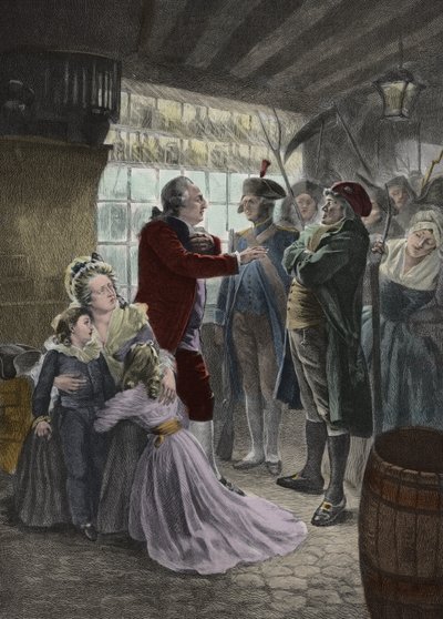 Rivoluzione Francese: 21 giugno 1791 La famiglia reale (Luigi XVI Re di Francia, la Regina Maria Antonietta e i loro due figli Madame Elisabeth la sorella del re e la governante dei bambini) catturata nella locanda di Varennes (Varennes-en-Argonne) durante da Georges Roussin