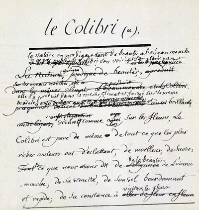 Manoscritto di Buffon sul Colibrì. sd. XVIII secolo da Georges de Buffon