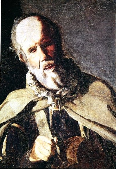 Il suonatore di ghironda con il suo cane, dettaglio della testa da Georges de La Tour