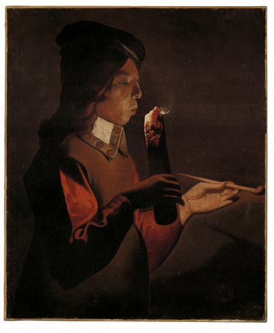 Un giovane ragazzo con una pipa, che soffia su un tizzone da Georges de La Tour