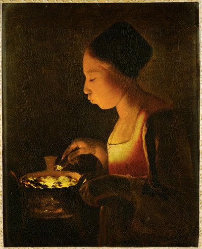 Ragazza che soffia su un braciere (dipinto su tela) da Georges de la Tour