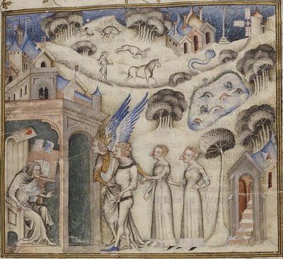 Amour che conduce i suoi figli Dolce pensiero, piacere e speranza a Guillaume de Machaut, dal Maestro della Bibbia di Jean de Sy 1372-77 (42374611771) da Georgia Levan Ramishvili from Tbilisi