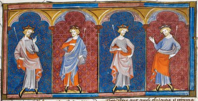 Clodomire, Childebert, Teodorico e Clothaire, da Chroniques de France ou de St Denis, XIV secolo (22093692824) da Georgia Levan Ramishvili from Tbilisi