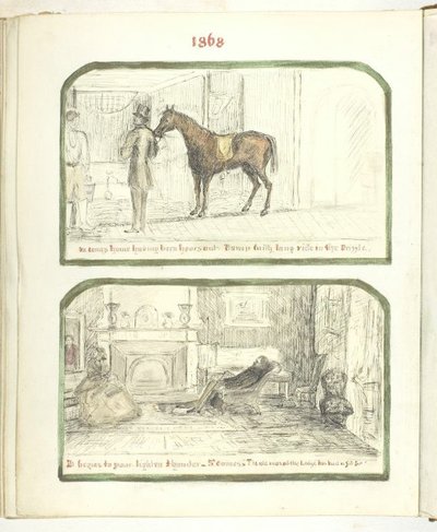 Senza titolo [uomo con cavallo e coppia che si rilassa vicino al fuoco], 1868 da Georgina Cowper