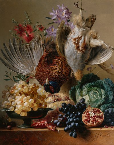 Fagiano morto, pernice, uva, cavolo, frutta e fiori su un davanzale da Georgius Jacobus Johannes van (after) Os