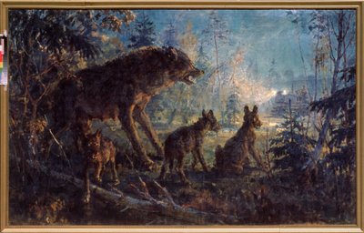 Un incontro nel bosco (Lupa e i suoi cuccioli di fronte a un trattore, nella notte) - Dipinto di George Konstantinovich Savitsky (1887-1949), olio su tela da Georgiy Konstantinovich Savitsky