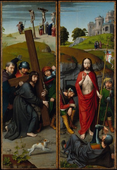 Cristo che porta la croce, con la crocifissione, la resurrezione, con i pellegrini da Gerard David