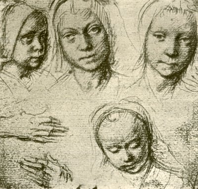 Quattro teste di una giovane ragazza e due mani, c1500-1505 da Gerard David