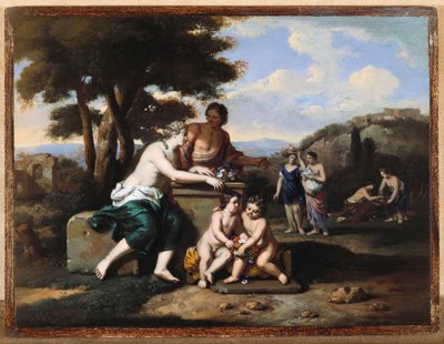 Ninfe che raccolgono fiori in un paesaggio da Gerard Hoet
