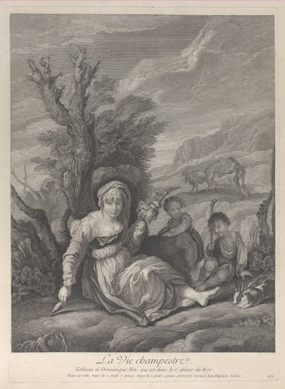 Una donna di campagna seduta nel paesaggio con due ragazzi al suo fianco, 1729-40 da Gerard Jean Baptiste Scotin