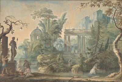 Paesaggio arcadico con diverse figure e una statua di Apollo, XVIII secolo da Gerard Melder