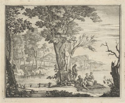 Paesaggio fluviale con pescatori vicino a una statua di Venere da Gerard Melder