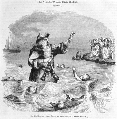 Il vecchio con due flauti. Disegno di Gérard Séguin da Gerard Seguin