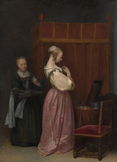 Una giovane donna alla sua toilette con una cameriera da Gerard Terborch II