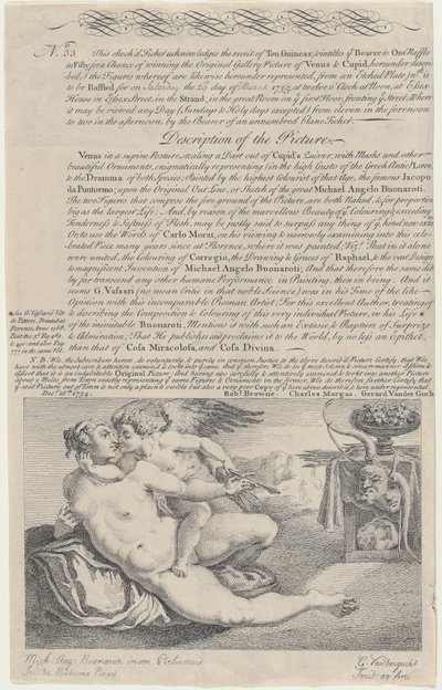 Biglietto della lotteria per il dipinto di Venere e Cupido dopo Michelangelo da Gerard Vandergucht