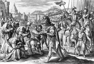 San Lupo, vescovo di Troyes che affronta Attila (incisione) da Gerard de Jode