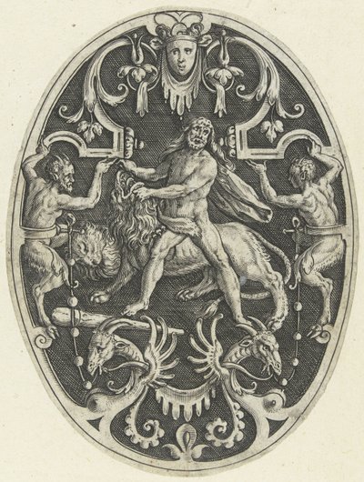 Decorazione piatta: Ercole e il leone di Nemea (serie Decorazioni ovali con le imprese di Ercole in grottesche) da Gerard de Jode