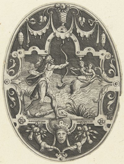 Decorazione piatta: Ercole spara al centauro Nesso che cerca di rapire Deianira (Ovale vlakdecoraties met de daden van Hercules in grotesken) da Gerard de Jode