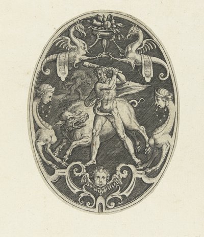 Ercole cattura il cinghiale di Erimanto (Decorazioni ovali con le imprese di Ercole in grottesche) da Gerard de Jode
