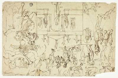 Copie da illustrazioni di statue e dipinti (recto); Misure dello scheletro di un uomo (verso) da Gerard de Lairesse