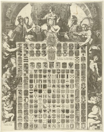 Stemma del principe Guglielmo III in una cornice allegorica (De LXIIII Geslacht Wapenen van de Prins van Oraenjen etc. e de Wapenen der 7 Vereenigde Nederlanden met hare Steden etc.) da Gerard de Lairesse