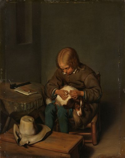 Ragazzo che pulisce un cane da Gerard ter Borch (II) (copy after)