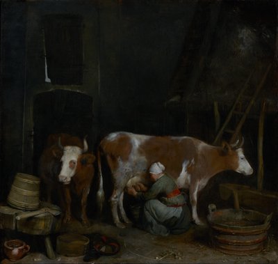 Una domestica munge una mucca in una stalla da Gerard ter Borch