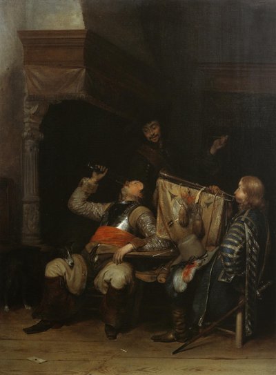 Soldati che bevono, fumano e suonano musica in un interno da Gerard ter Borch