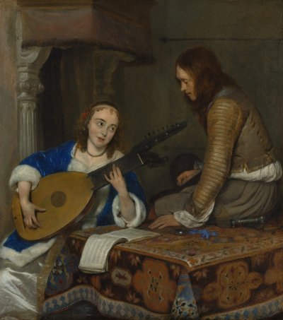 Una donna che suona il tiorba e un cavaliere, c.1658 da Gerard ter Borch