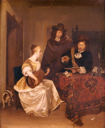 Una giovane donna che suona un tiorba a due uomini da Gerard ter Borch