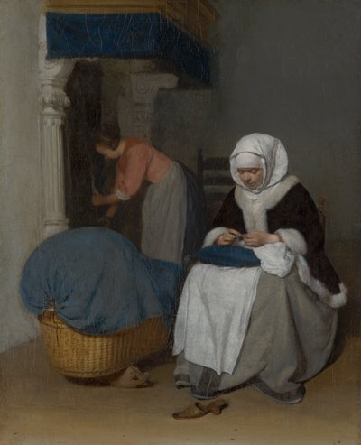 Donna che cuce accanto a una culla, c.1656 da Gerard ter Borch