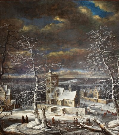 Un villaggio in inverno in un paesaggio esteso con figure sul ghiaccio da Gerard van Edema
