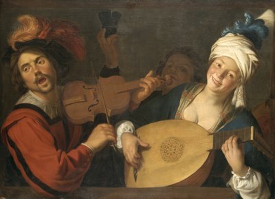 Francese:  Le Concert Coppia che fa musica dietro una balaustra da Gerard van Honthorst