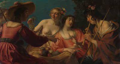 Pastore che suona il flauto e quattro pastorelle da Gerard van Honthorst