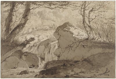 Paesaggio montano con cascata tra gli alberi, lungo il quale un pastore conduce il suo gregge da Gerard van Nijmegen