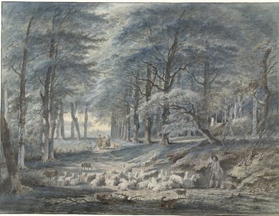 Vista del bosco con un pastore e pecore e tre figure da Gerard van Nijmegen