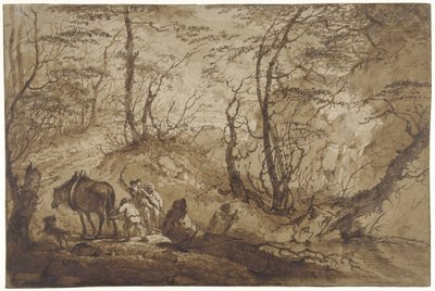 Su un sentiero nel bosco un cavallo tira un albero da una pozza, guidato da quattro uomini da Gerard van Nijmegen