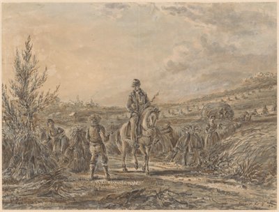 Paesaggio con cavaliere tra contadini che raccolgono il raccolto da Gerardus Emaus de Micault